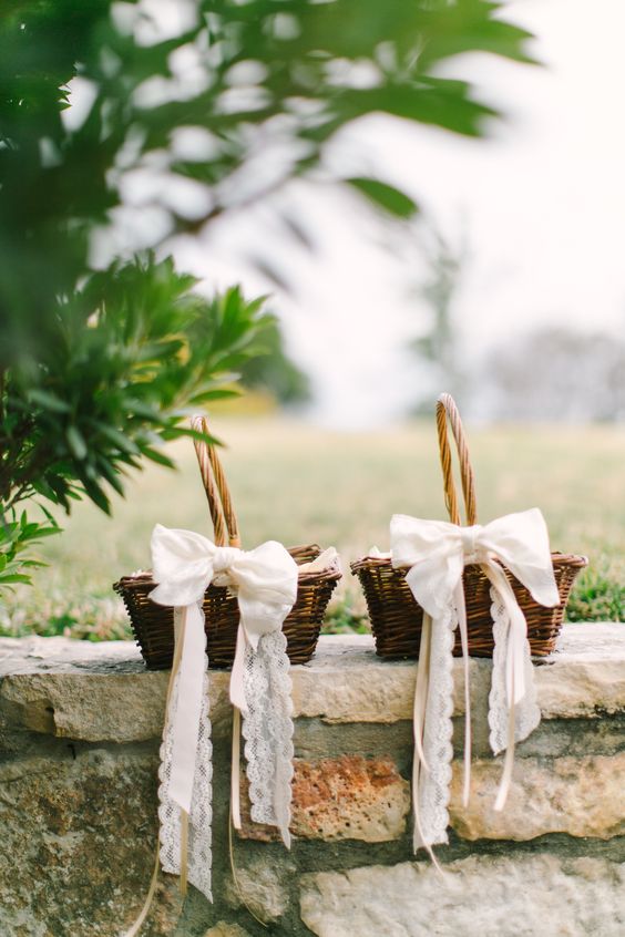 flower girl baskets with ribbon and lace