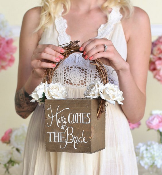 here comes the bride rustic flower girl baskets