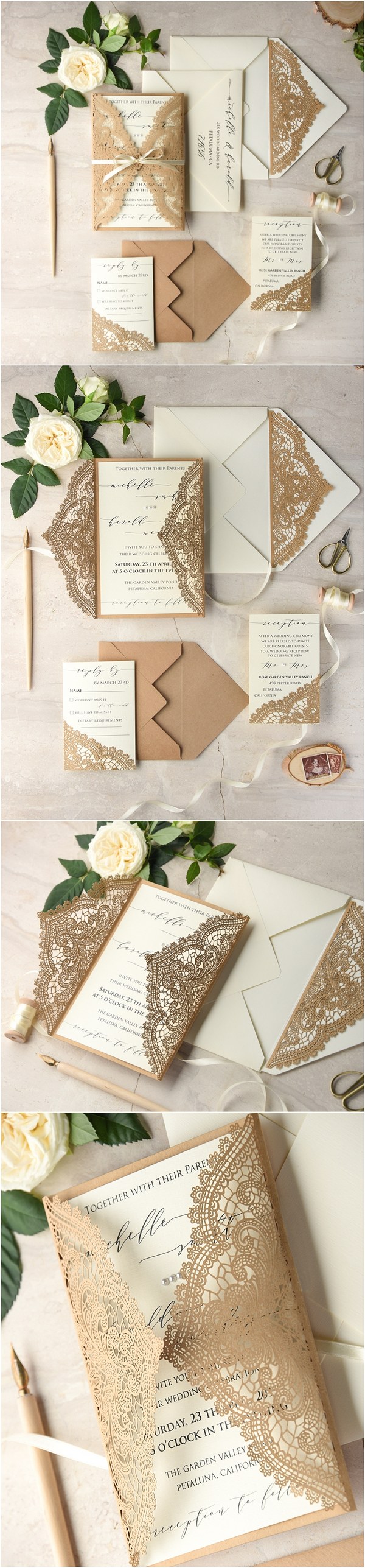 Ivory kraft paper laser cut lace rustic wedding invitations 01lCNz