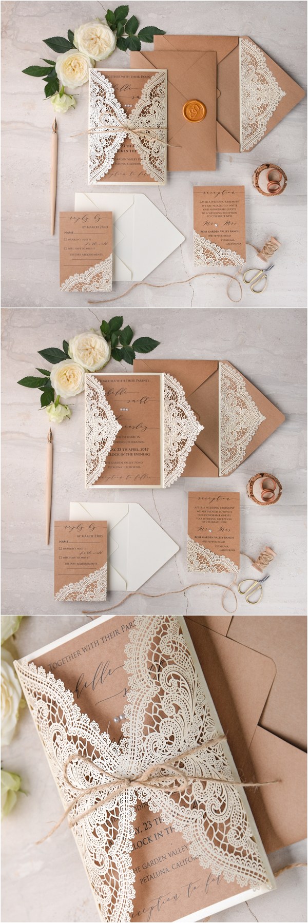 Ivory kraft paper laser cut lace rustic wedding invitations 02lCNz
