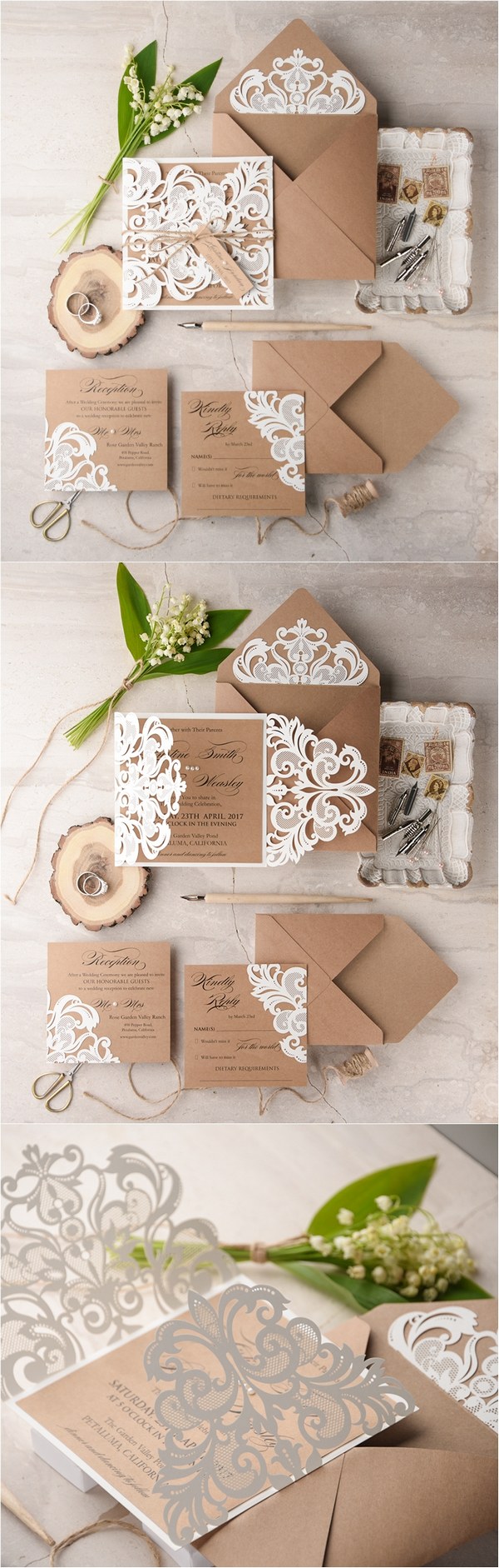 Ivory kraft paper laser cut rustic wedding invitations 01LuctCz