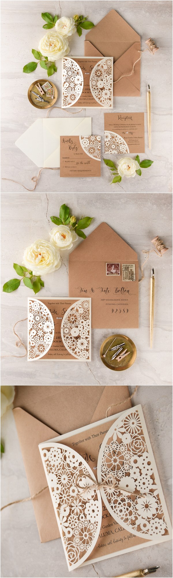 Laser cut kraft paper rustic wedding invitations 07LuctCz