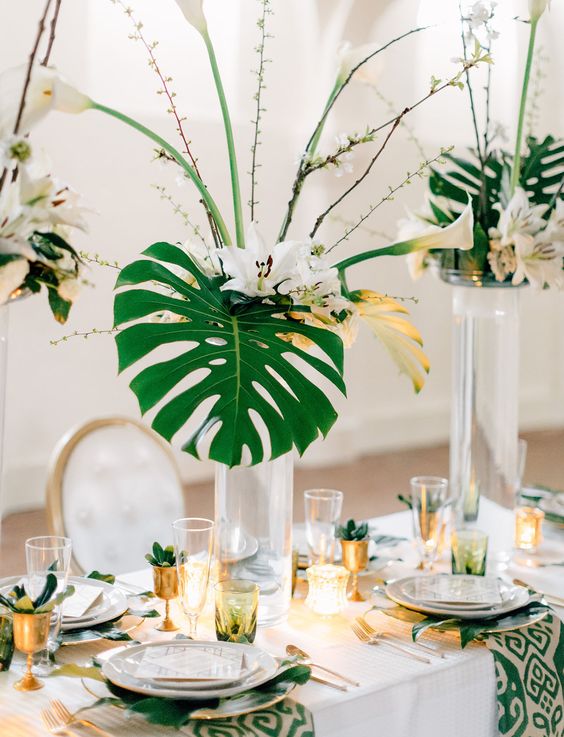 modern tablescape with palm leaf centerpieces