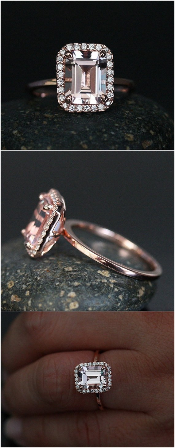 Morganite Emerald Cut Engagement Ring in 14k Rose Gold with Morganite 9x7mm and Diamond Halo
