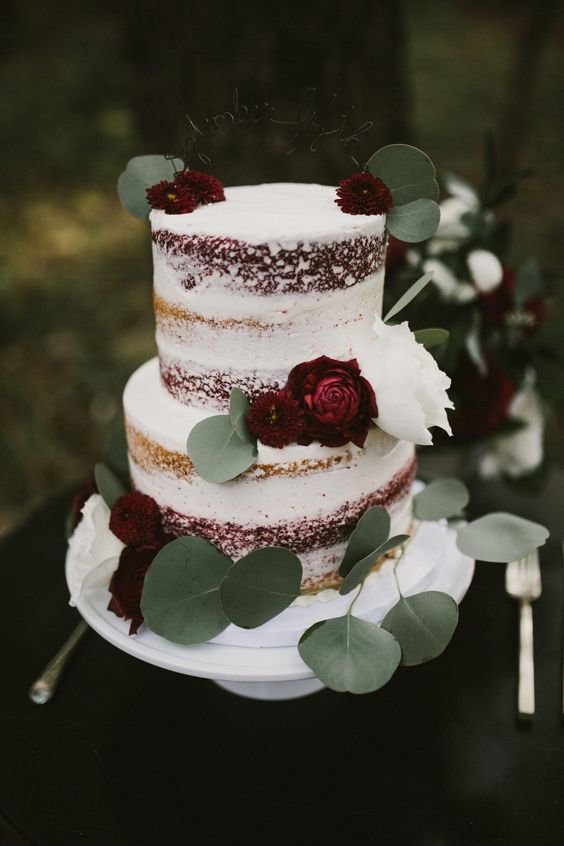 naked wedding cake vanilla red velvet eucalyptus leaves burgundy flowers via aaron whitney photography