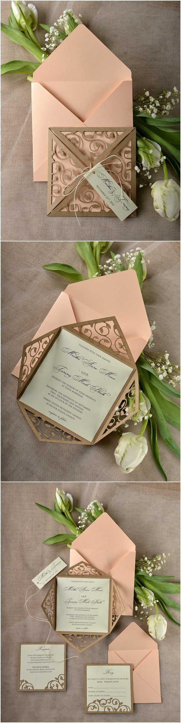 Peach Laser cut wedding invitations 07Lcutz