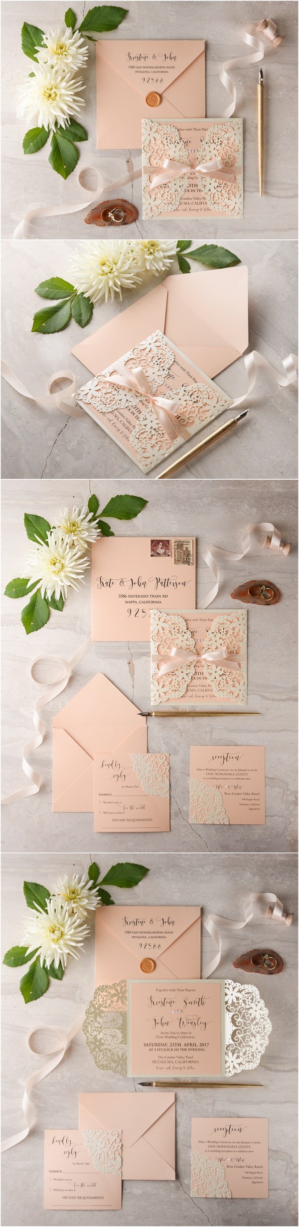 Peach and Ivory laser cut wedding invitations 11LuctGGz