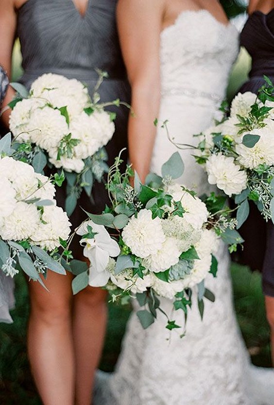 25 Timeless Elegant White Wedding Bouquets 2025: With Tips 11 white hydrangea bouquet with eucalyptus and ivy