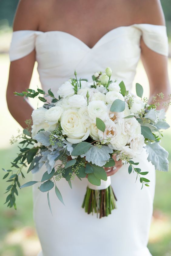 40 Greenery Eucalyptus Wedding Decor Ideas 2024 2 white ranunculus and eucalyptus bouquet