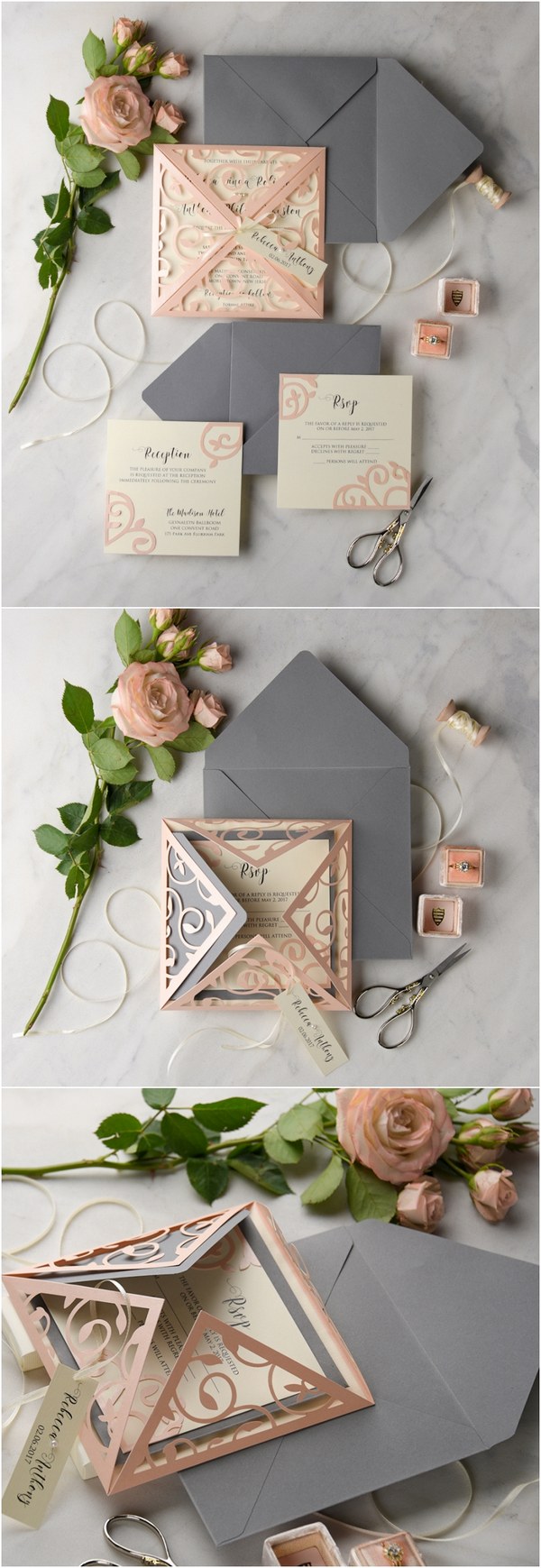 peach and grey laser cut wedding invitations 02LcutPz