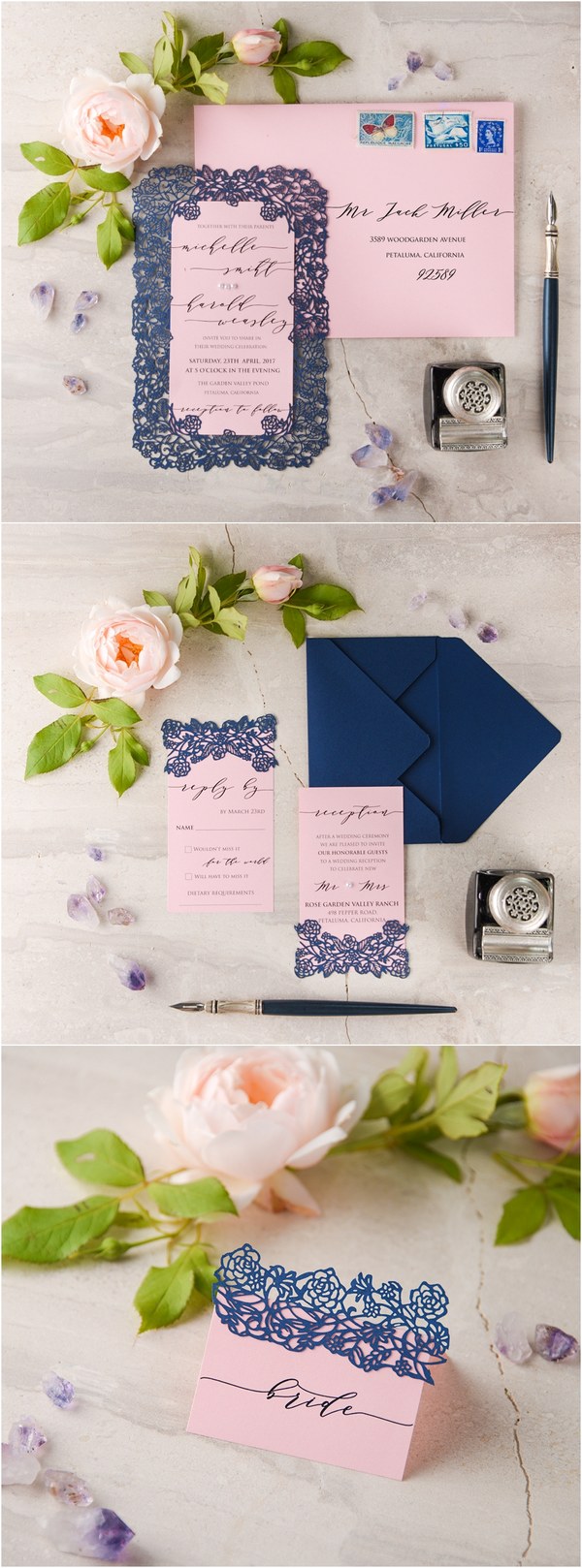 pink and blue laser cut wedding invitation kit 04Lcutz