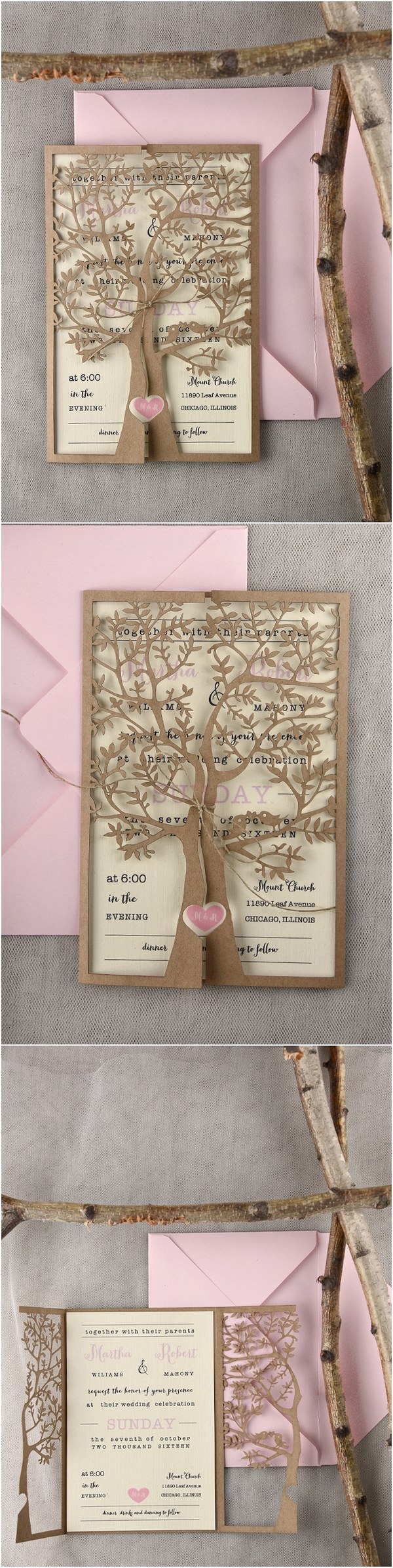 pink and gold laser cut tree wedding invitations 01Ltree