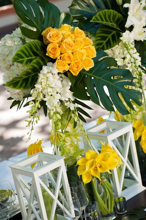 yellow and green tropical wedding centerpiece via barnet photography