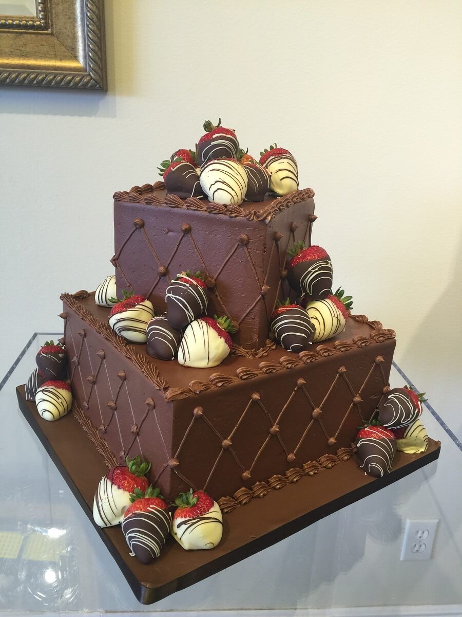 2 tier square chocolate strawberries groom wedding cake