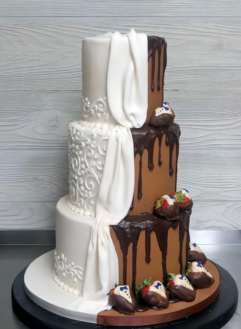 3 tier half drip chocolate and half white vintage lace pattern wedding cake
