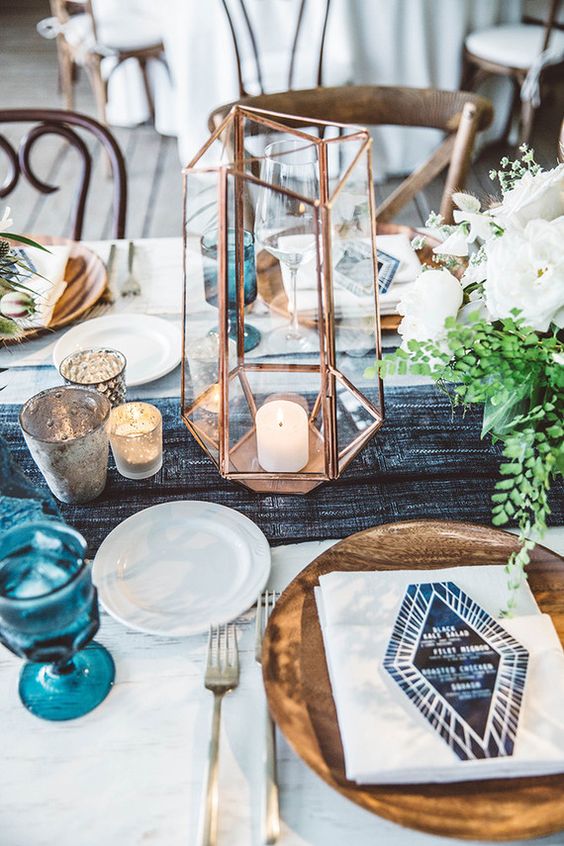Blue and White Geometric Table Decor