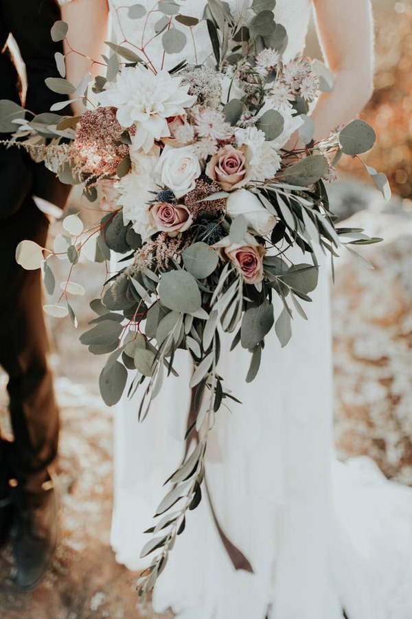 Blush, ivory, and sage green cascading bridal bouquet