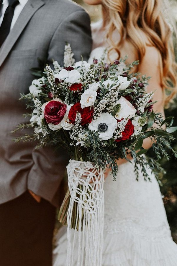 Bohemian red and white fall wedding bouquet