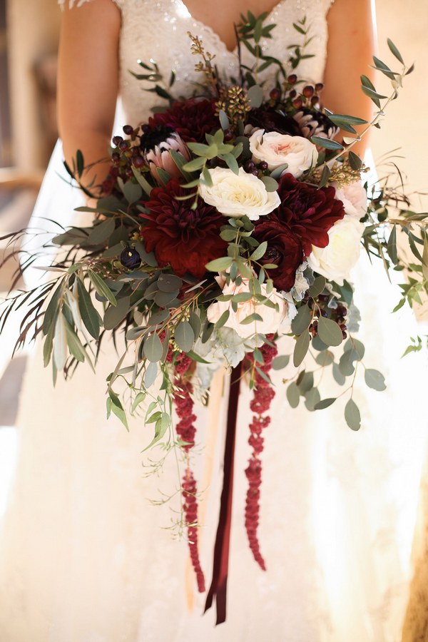 Bohemian winter burgundy and greenery wedding bouquet
