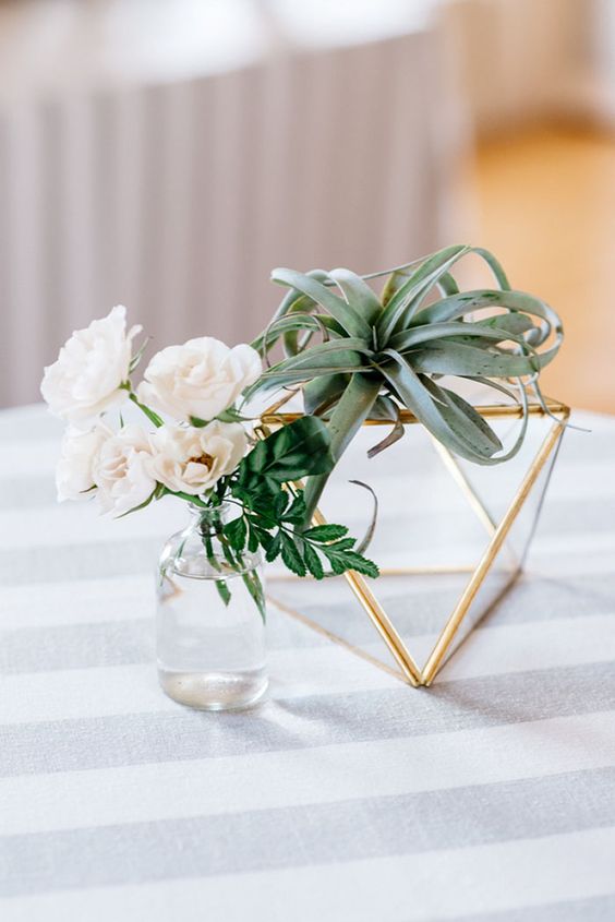 Bud Vases, Air Plants, and Modern Geometric Table Decor via Alisha Maria Photography