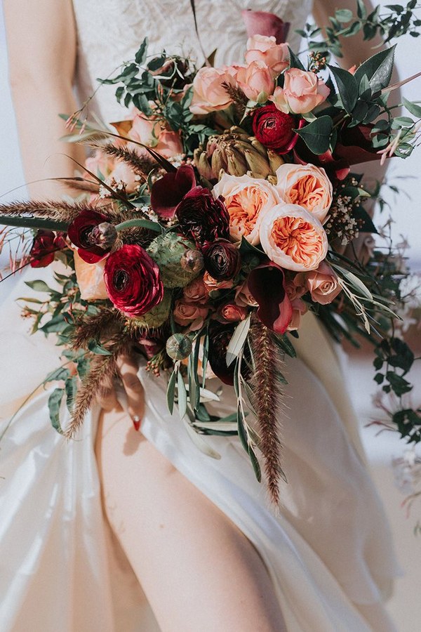 Burgundy and Peach Orange Garden Roses Bridal Bouquets