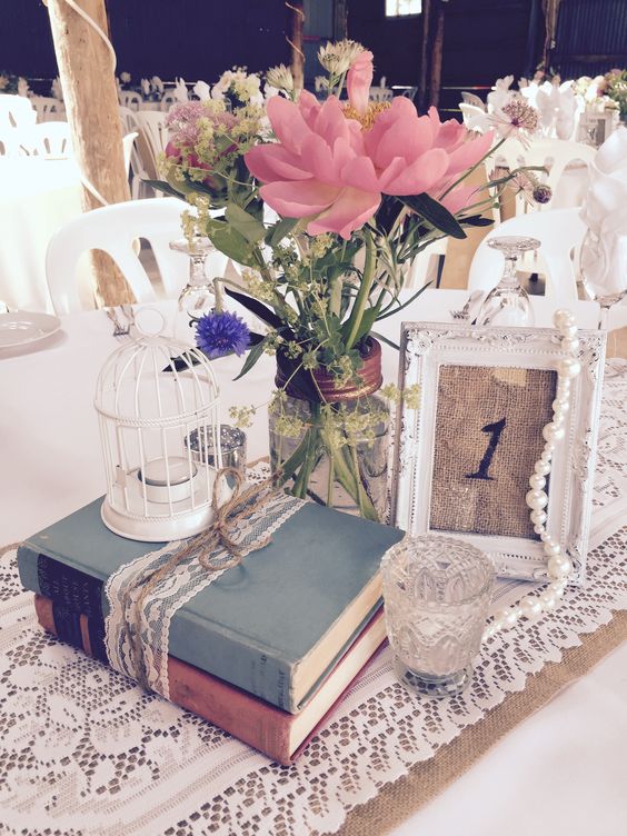 Burlap and lace mason jar wedding centrepiece