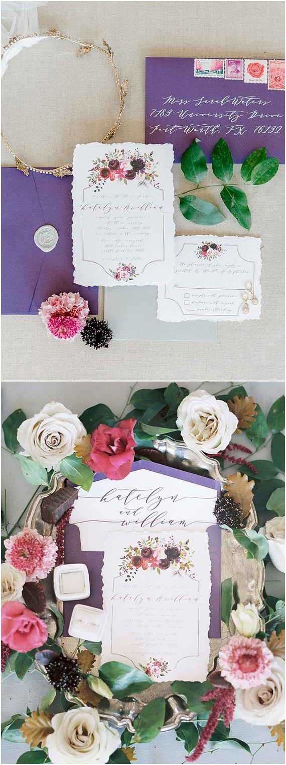Floral Calligraphy Flowers Wedding Invitation in Pink, Purple, Champagne Gold and Marsala Burgundy