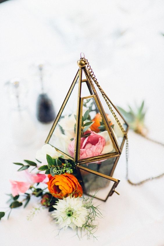 Geometric Wedding Terrarium Table Decoration with Flowers
