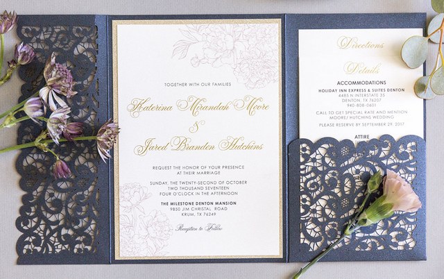 Glitter and Blush Lace Laser Cut Pocket Wedding Invitation