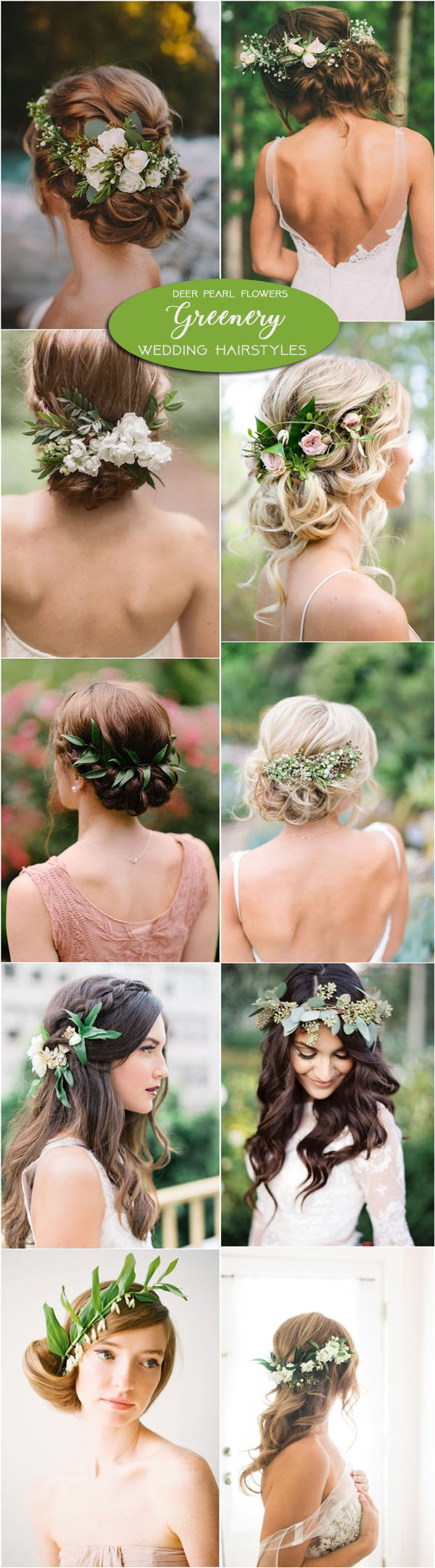 Greenery wedding hairstyles and wedding updos with green flowers