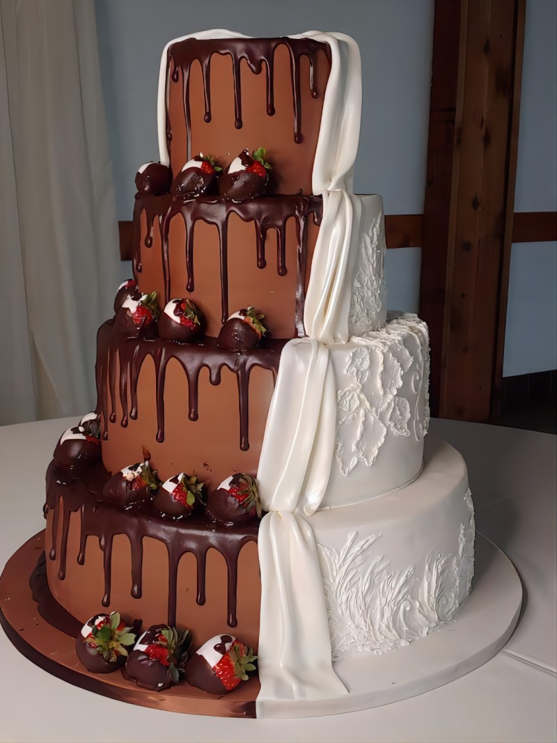 Half-and-Half Chocolate Wedding Cake with Chocolate Strawberry