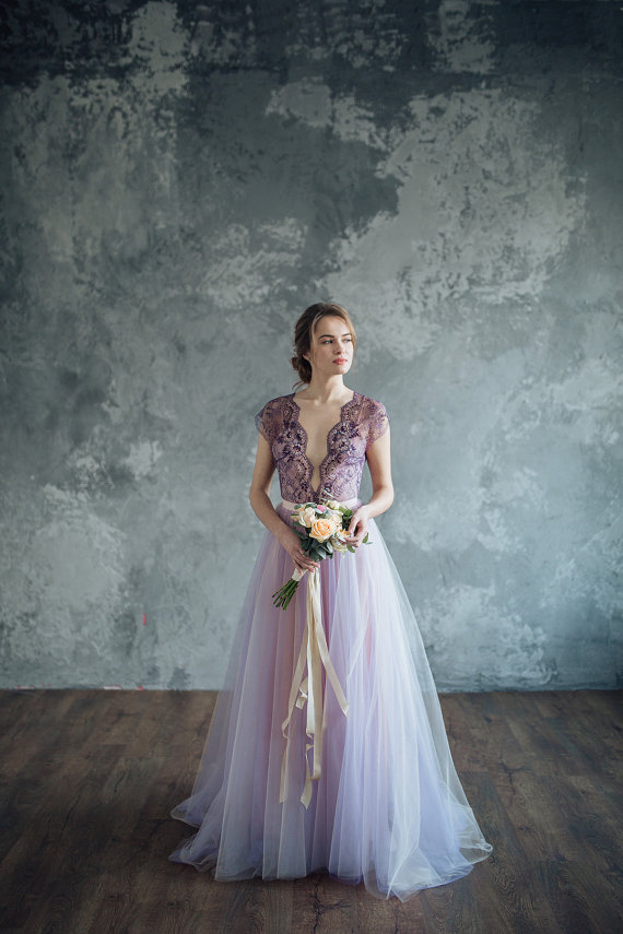 lilac and white wedding dress