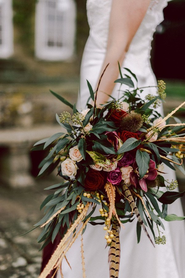 Marsala Bouquet with Pheasant Feathers & Greenery