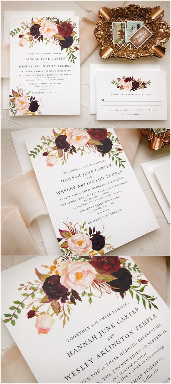 Marsala Wedding Invitation Suite for Bohemian Wedding