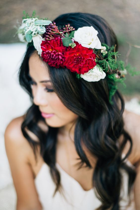 Red flower crown wedding hairstyle via Jenna Bechtholt Photography