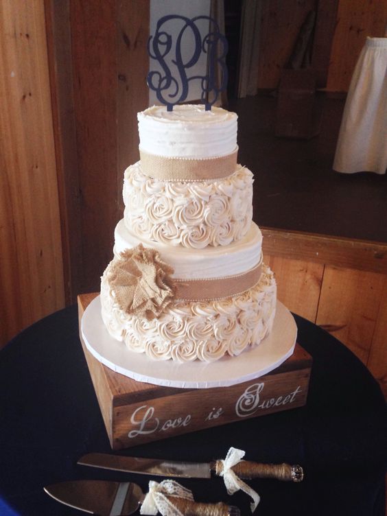 Rustic Wedding Cake with Burlap and Buttercream Rosettes