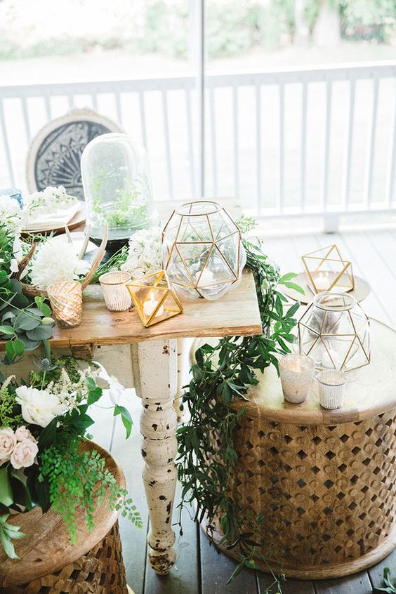 Terrarium geometric wedding reception decor