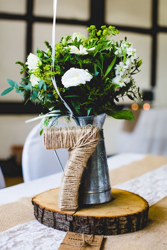 White Jug Flowers Log Slice Twine Table Number Decor Stylish Relaxed Fun White Wedding