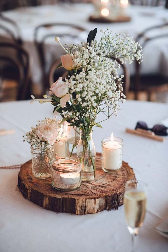 baby's breath and mason jar rustic wedding centerpiece