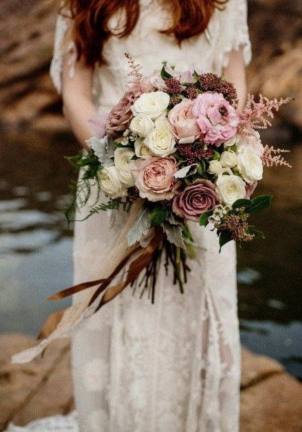 blush toned bridal bouquet with roses and astilbe, elegant rustic wedding ideas
