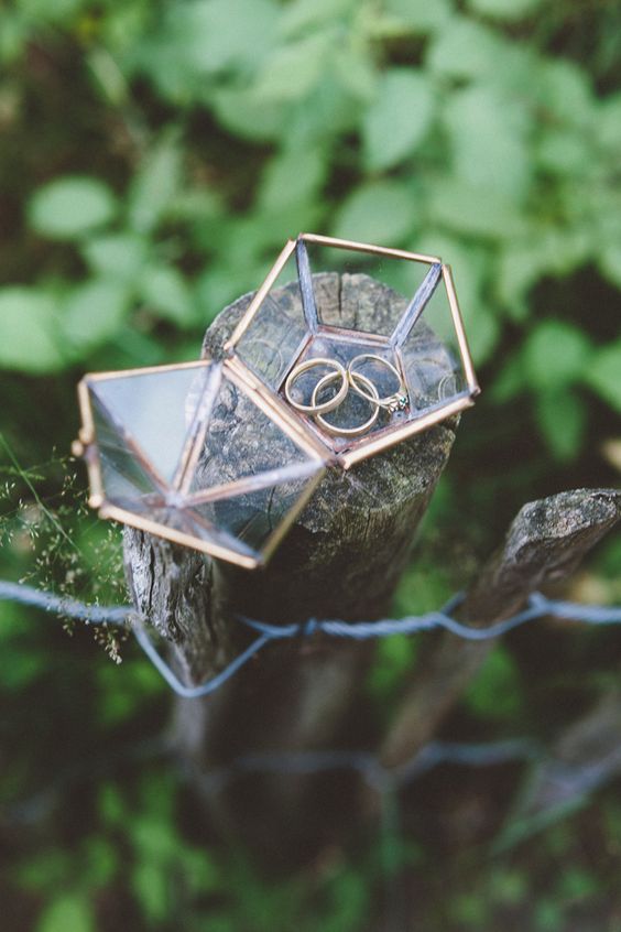 bohemian wedding in the woods - vintage geometric glass ringbox - photo by OAK&FIR