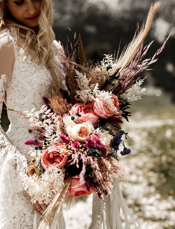 boho pink garden roses wedding bouquet