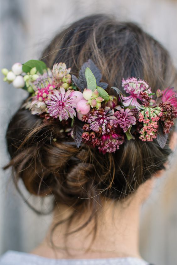 boho purple flower crown wedding hairstyle