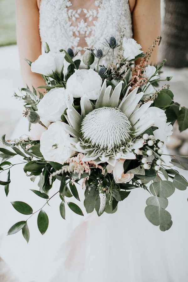 boho wite king protea and eucalyptus wedding bouquets
