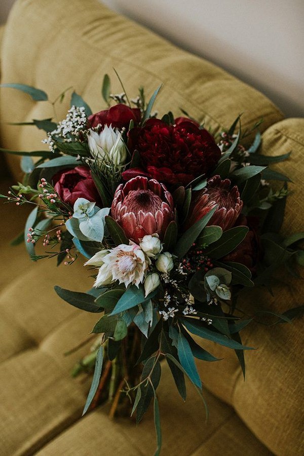 burgundy proteas and greenery eucalyptus wedding bouquet