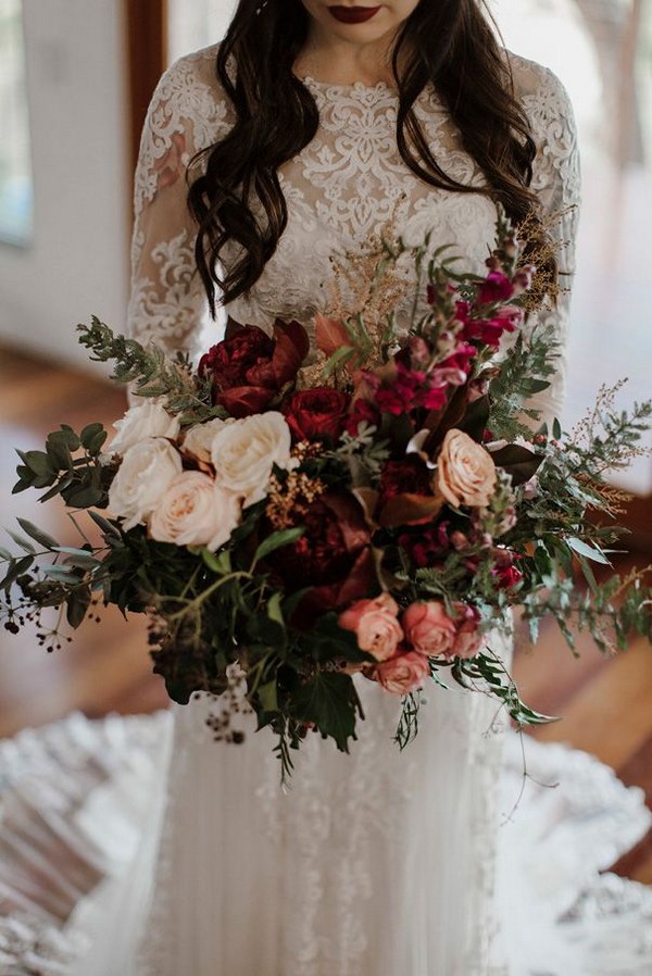 deep red and greenery wedding bouquet