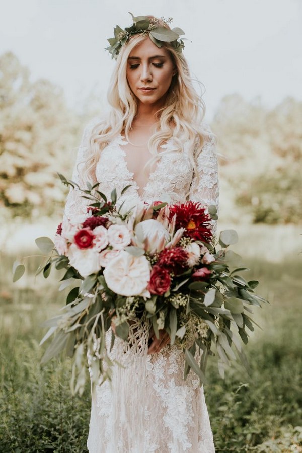 dep red and greenery eucalyptus and white garden roses wedding bouquet