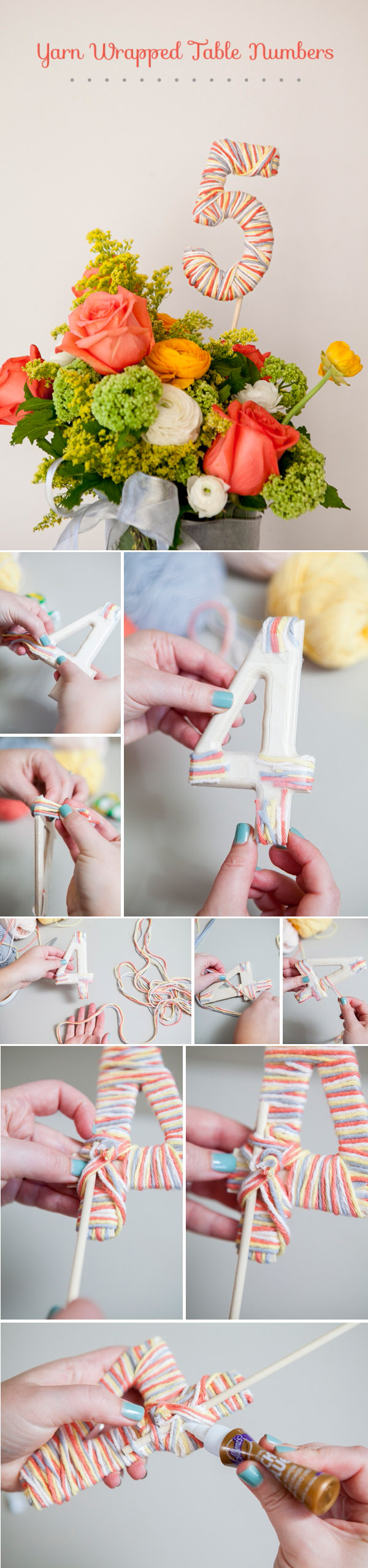 diy yarn wrapped table numbers for wedding table decoration ideas