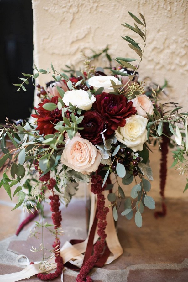 fall burgundy flowers and seeded eucalyptus wedding bouquet