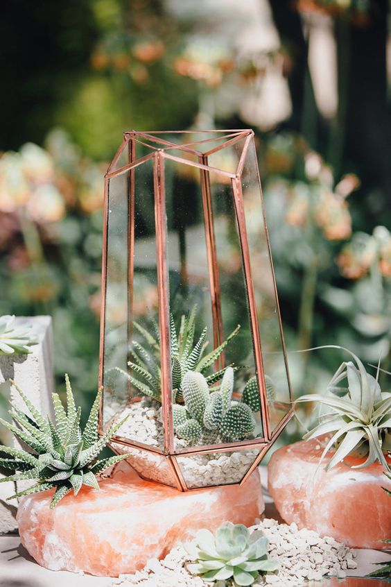 geometric copper wedding centerpiece - photo by Marble Rye Photography